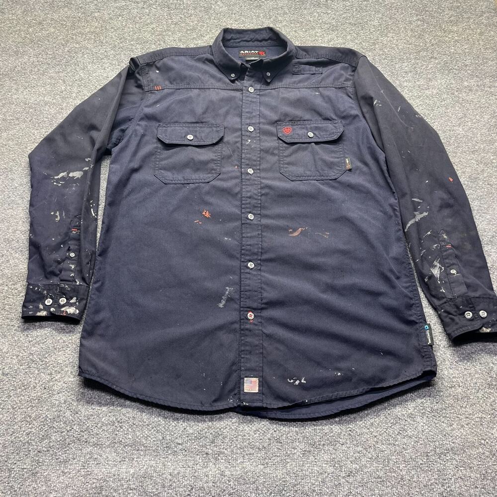 Ariat FR Mens Size L Navy Flame Resistant Long Sleeve Work Shirt Paint Splatter